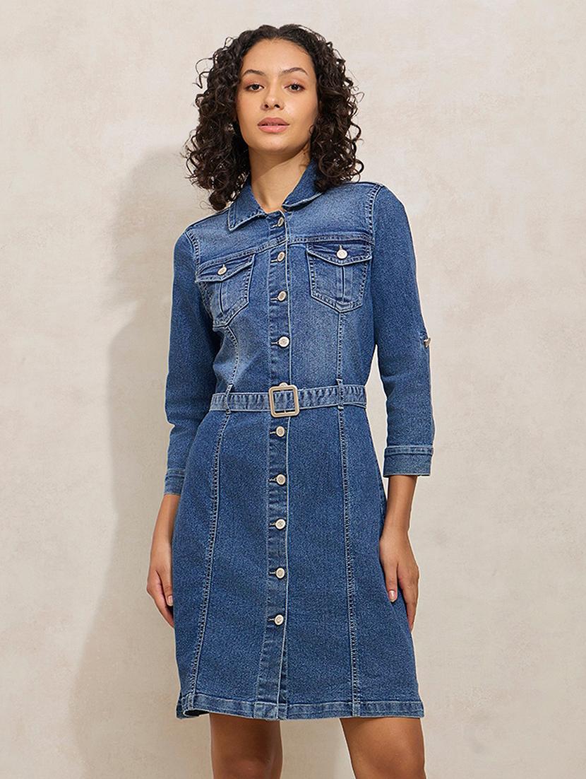 women solid collared denim shirt dress - 21941856 - Standard Image - 1