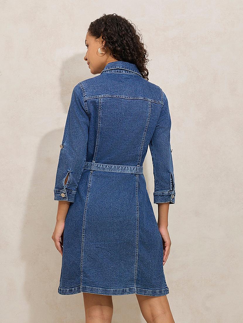 women solid collared denim shirt dress - 21941856 - Standard Image - 4