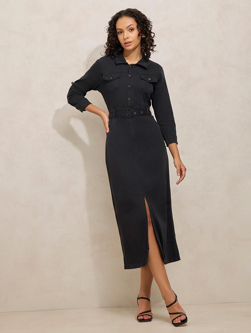 women black solid collared belted dress - 21941857 - Standard Image - 1