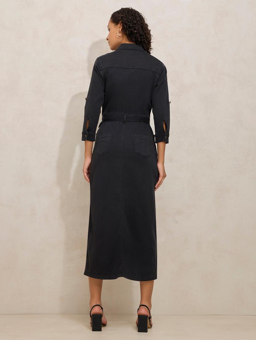 women black solid collared belted dress - 21941857 - Standard Image - 4