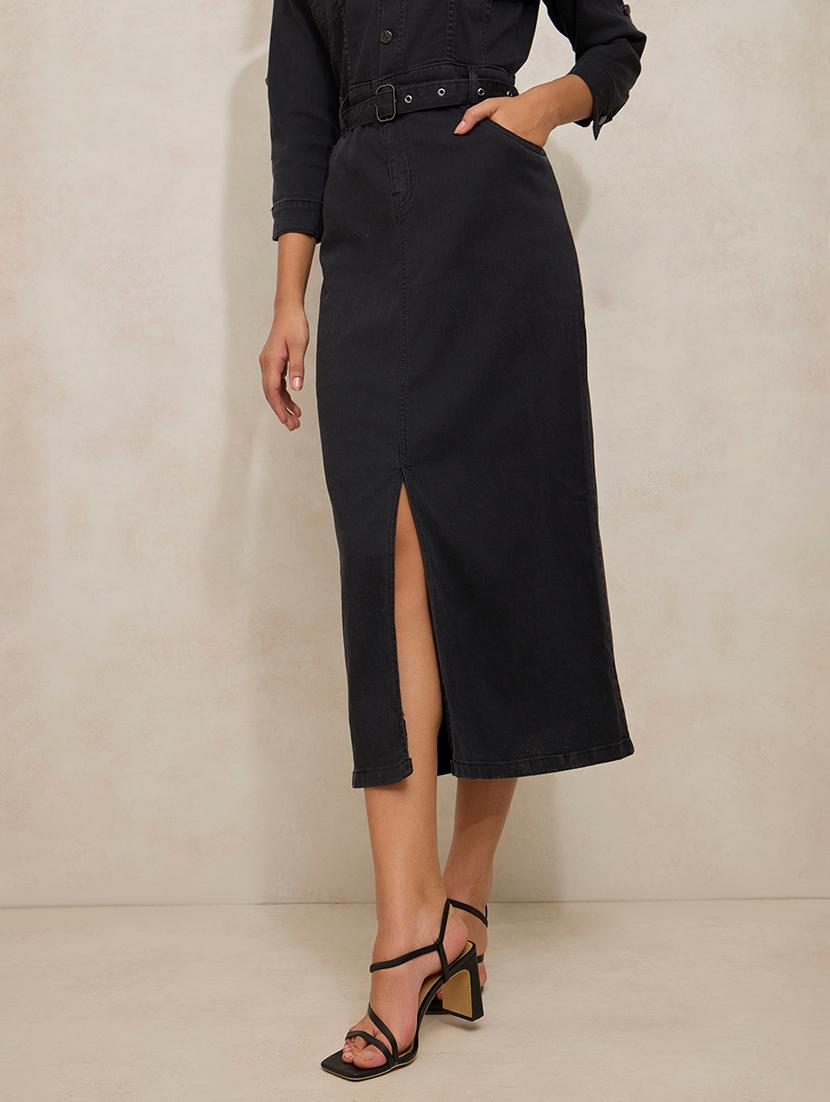 women black solid collared belted dress - 21941857 - Standard Image - 6