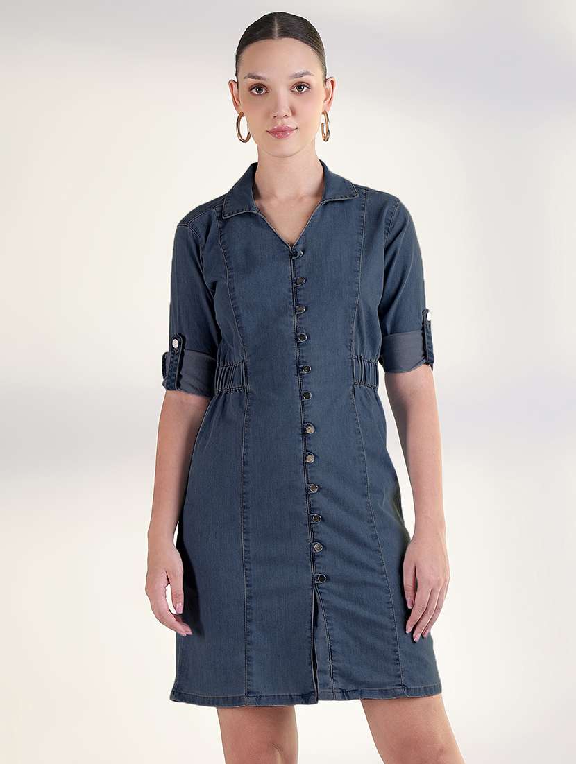 women solid roll-up sleeve denim shirt dress