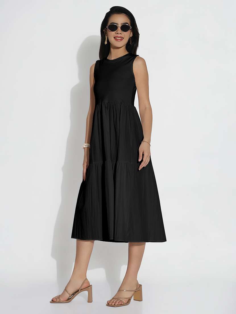 women black solid sleveeless tiered dress - 21941862 -  Standard Image - 1