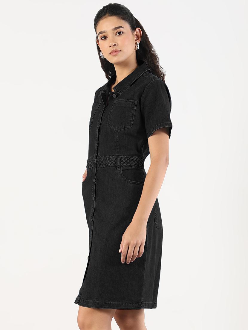 women solid short sleeve denim shirt dress - 21941863 - Standard Image - 1