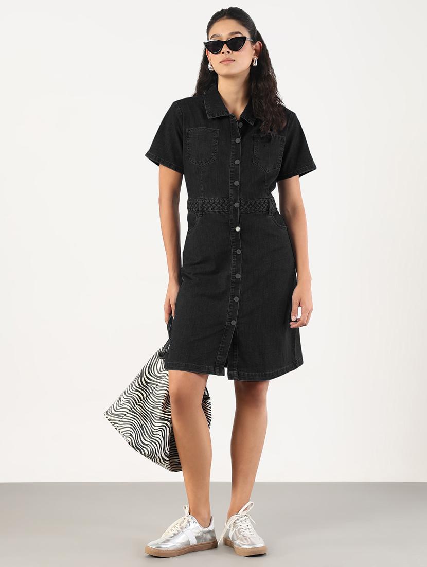 women solid short sleeve denim shirt dress - 21941863 - Standard Image - 4