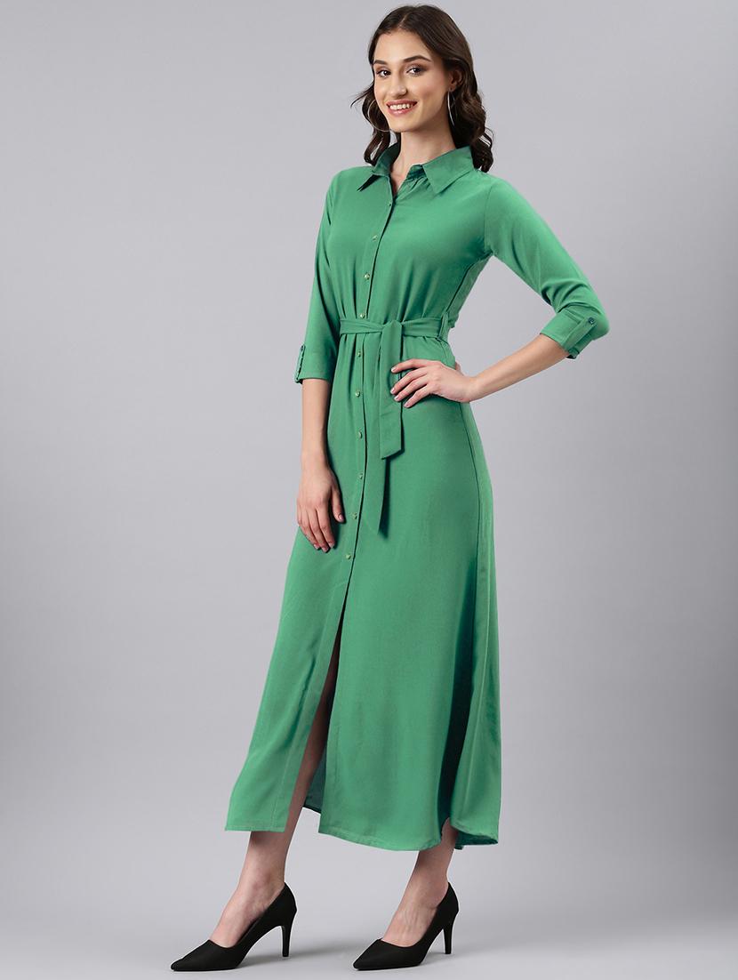 women green solid collared maxi shirt dress - 21941865 -  Standard Image - 1