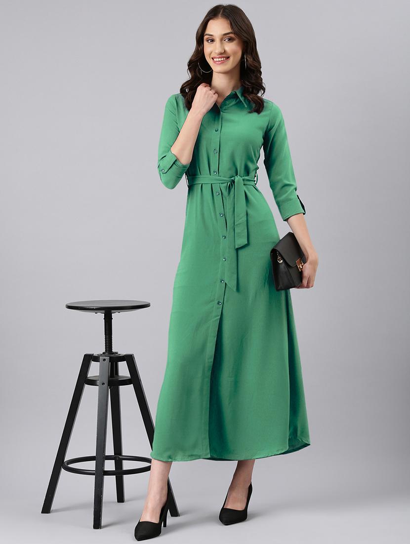 women green solid collared maxi shirt dress - 21941865 - Standard Image - 4