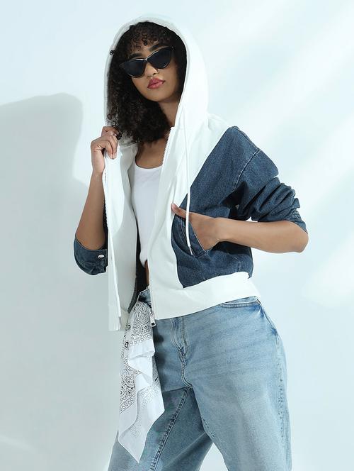 women color blocked long sleeve hooded denim jacket - 21941867 - Standard Image - 0