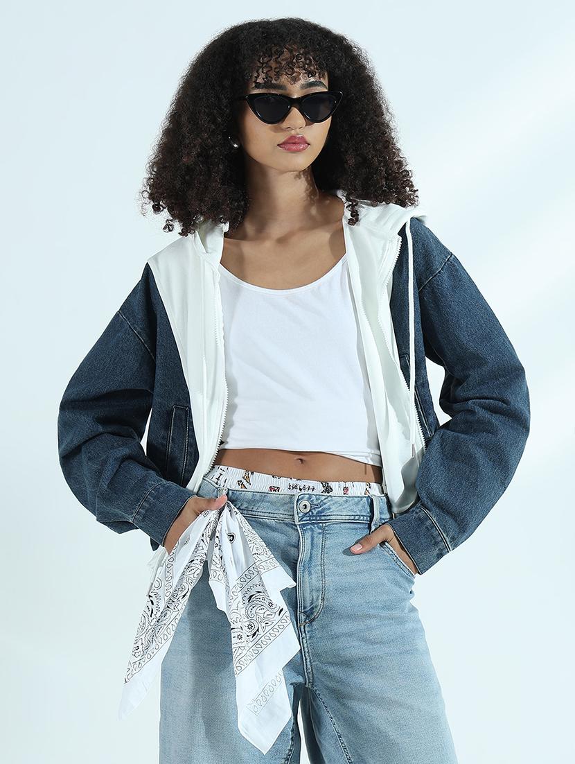 women color blocked long sleeve hooded denim jacket - 21941867 -  Standard Image - 1