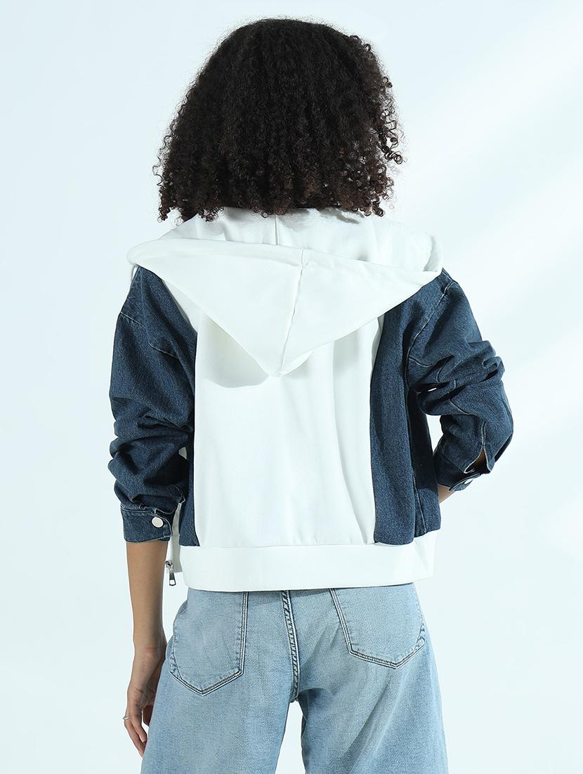 women color blocked long sleeve hooded denim jacket - 21941867 - Standard Image - 4