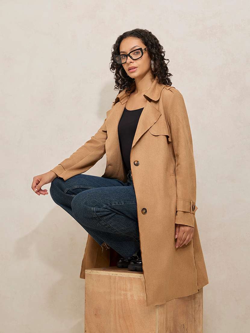 women solid notch lapel long sleeve trench coat
