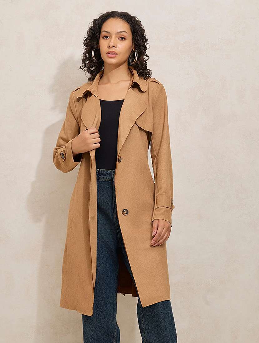 women solid notch lapel long sleeve trench coat - 21941874 -  Standard Image - 1