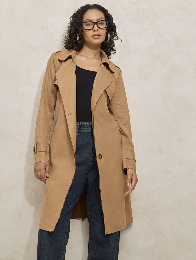 women solid notch lapel long sleeve trench coat - 21941874 -  Standard Image - 6