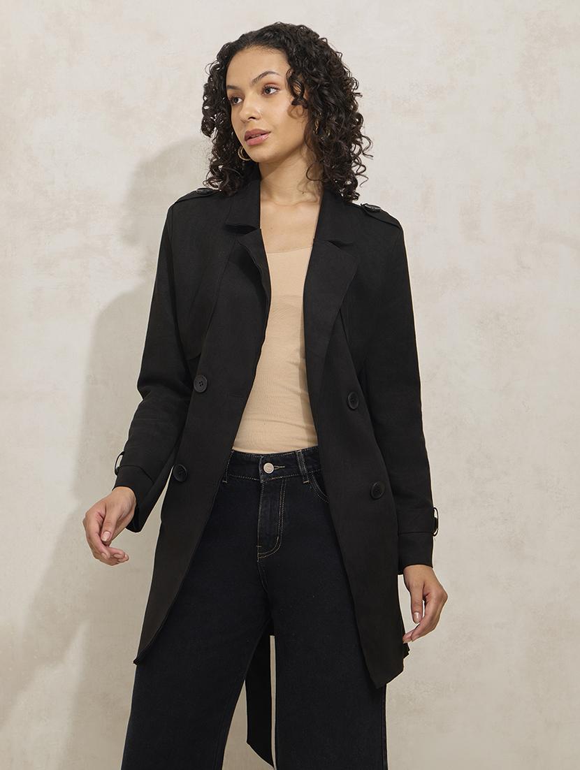 women solid notch lapel long sleeve trench coat - 21941875 - Standard Image - 1