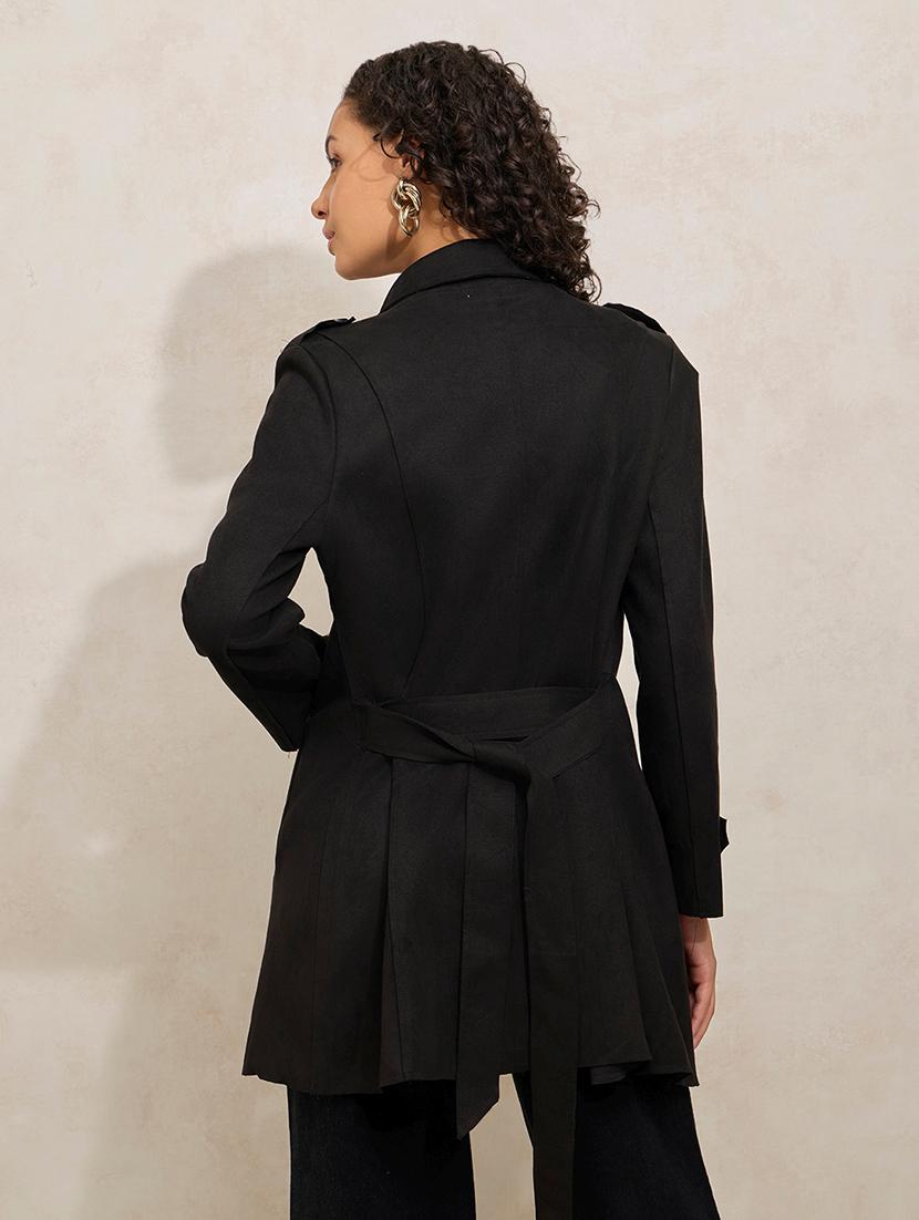 women solid notch lapel long sleeve trench coat - 21941875 - Standard Image - 4