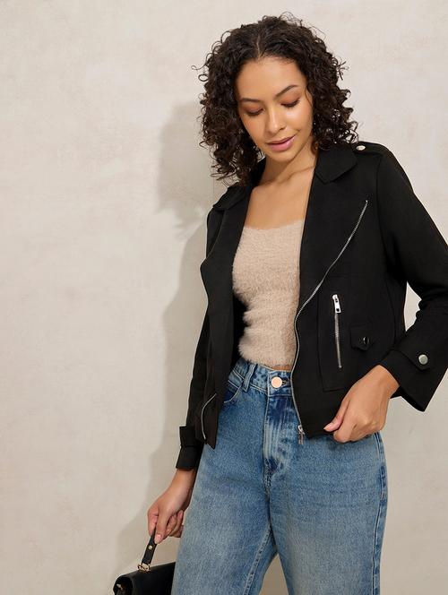 women solid long sleeve biker jacket - 21941878 - Standard Image - 0