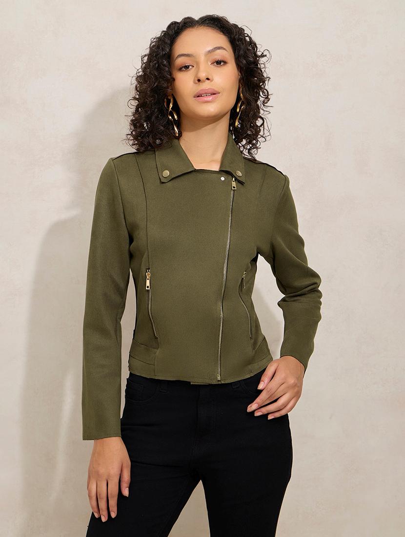 women solid long sleeve biker jacket - 21941881 - Standard Image - 1