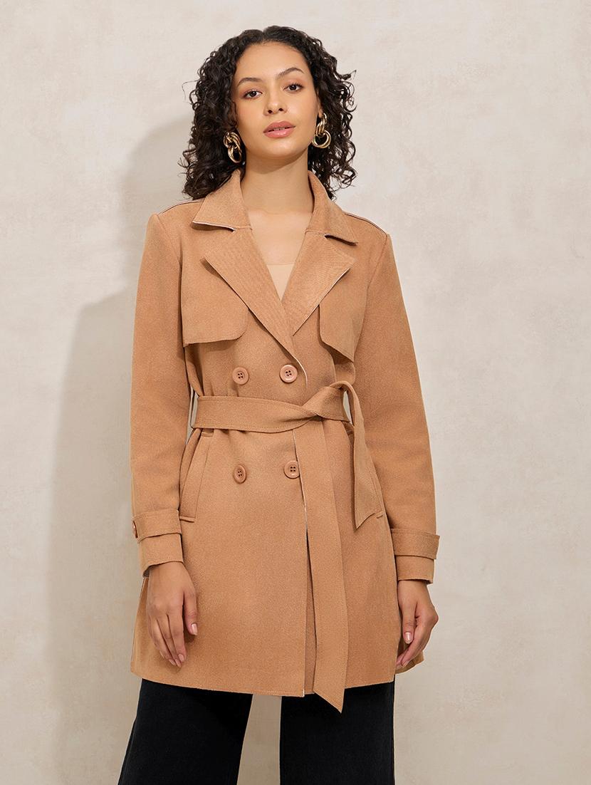 women solid notch lapel long sleeve trench coat - 21941882 - Standard Image - 1