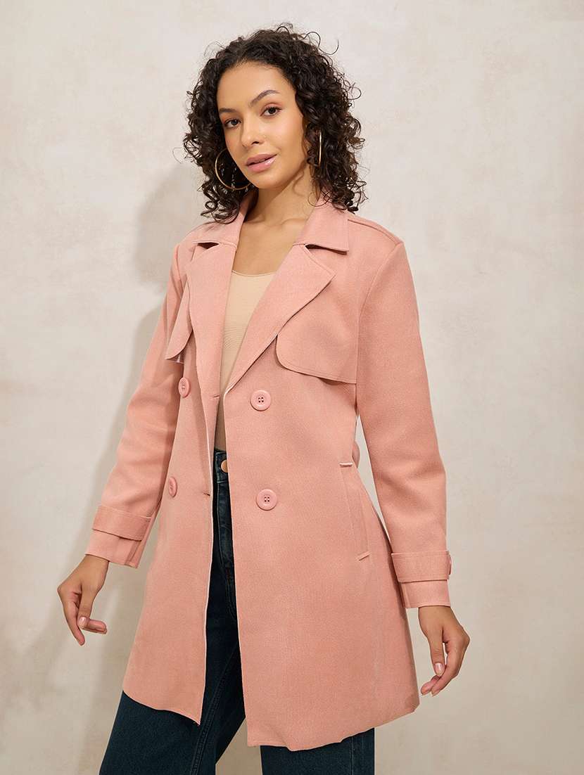 women solid notch lapel long sleeve trench coat