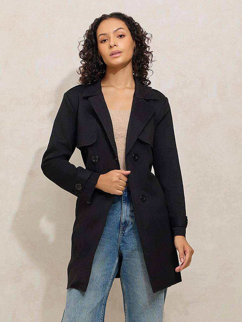 women's regular fit black cotton trench coat - 21941884 - Standard Image - 1