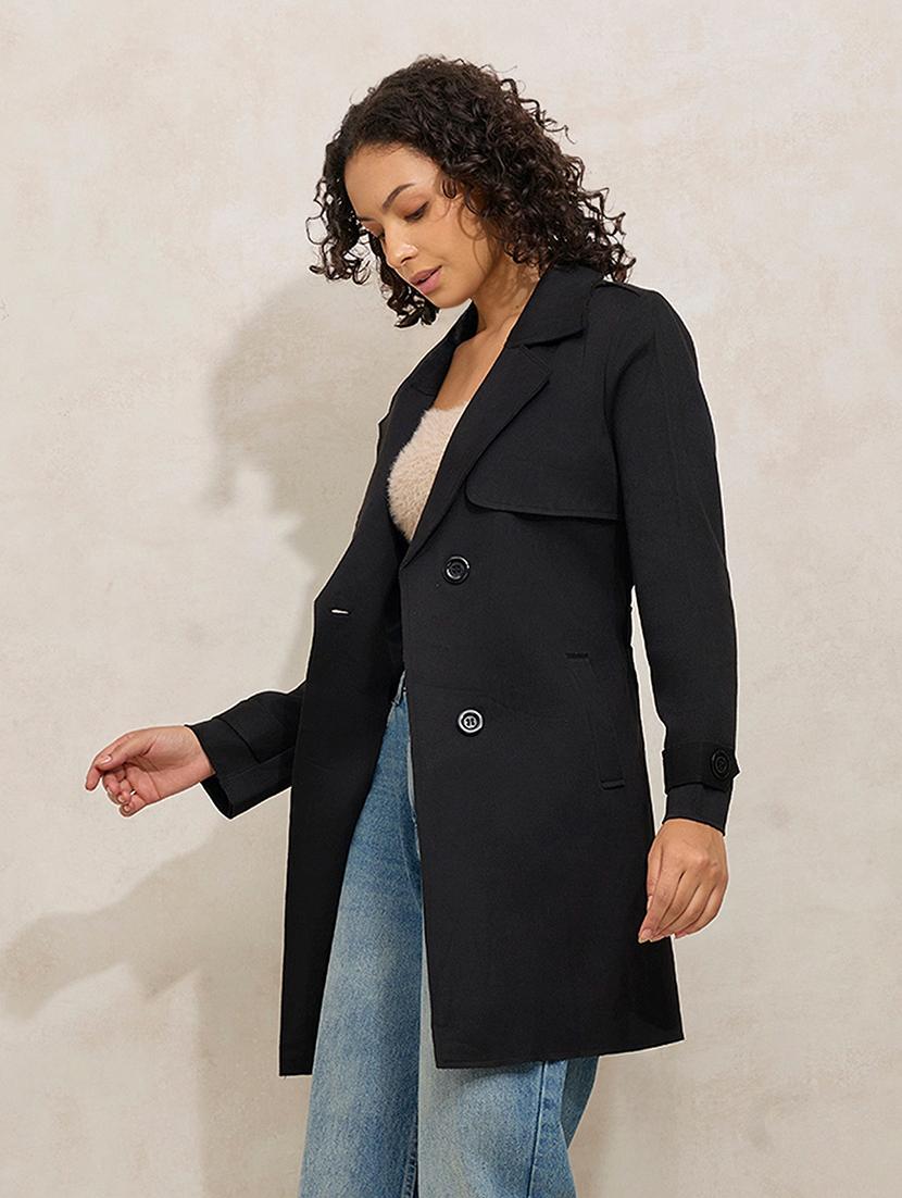 women's regular fit black cotton trench coat - 21941884 - Standard Image - 4