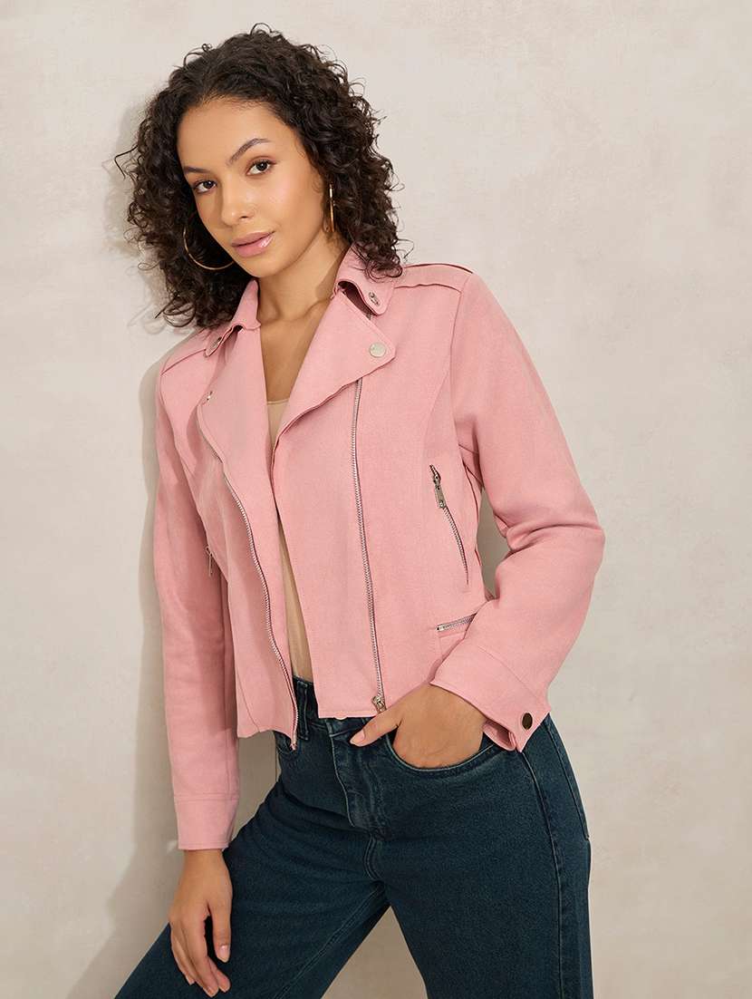women solid long sleeve biker jacket - 21941885 -  Zoom Image - 0