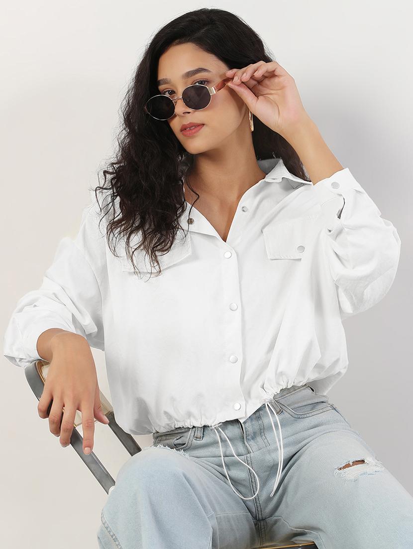 women white solid drawstring waist shirt jacket - 21941888 - Zoom Image - 0