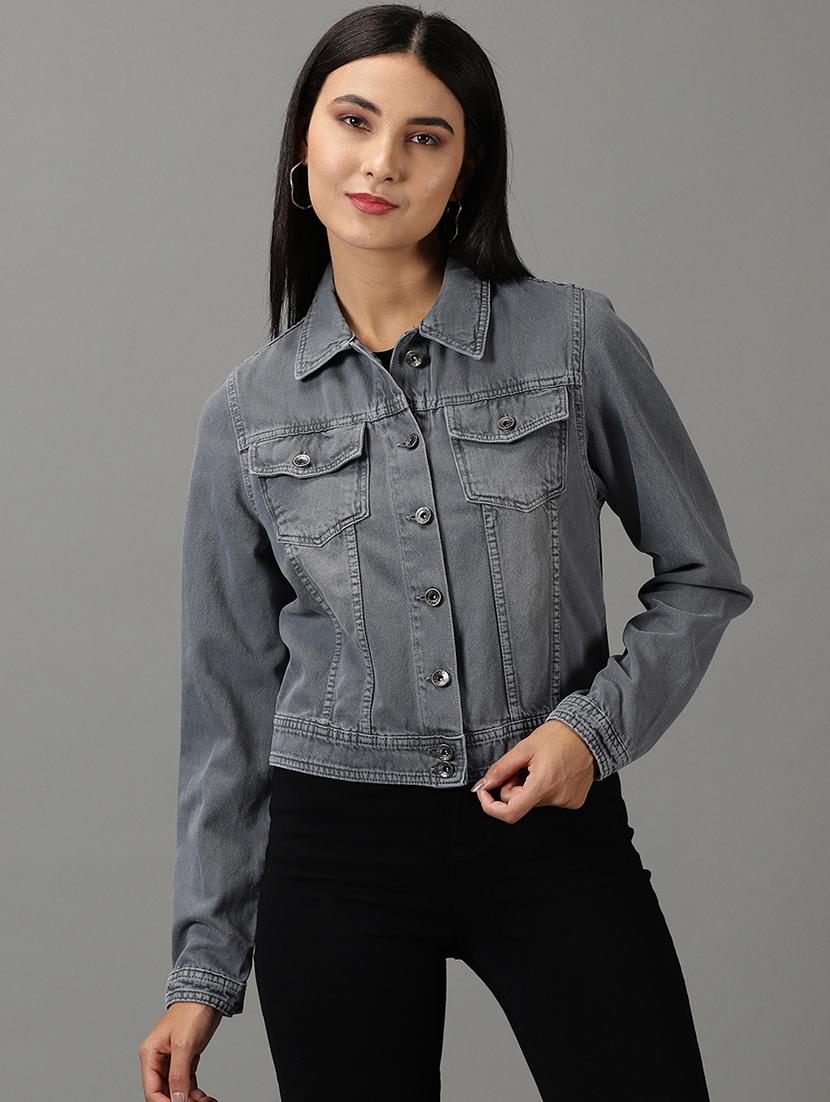 women solid collared long sleeve denim jacket - 21941893 - Zoom Image - 0