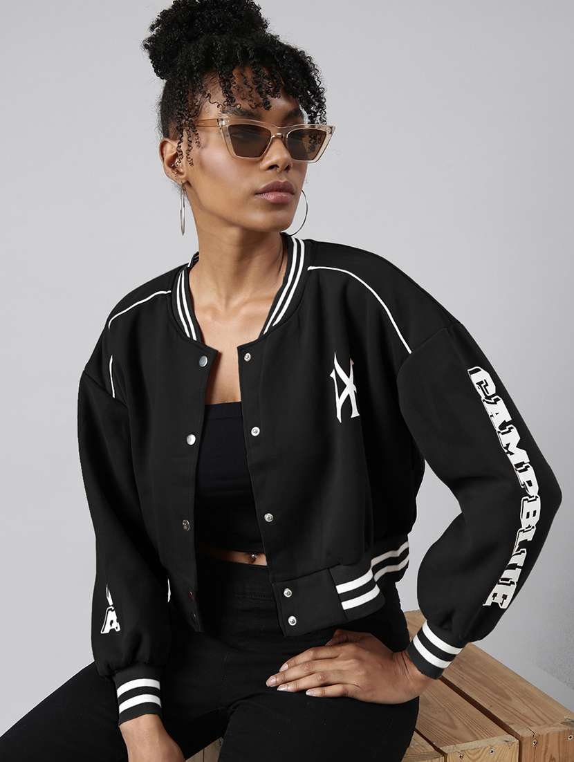 women black printed long sleeve varsity jacket