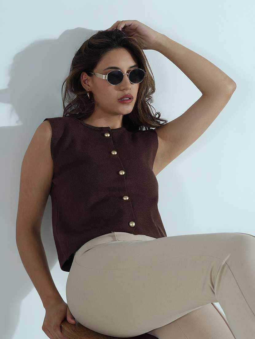 women brown solid sleveeless vest top