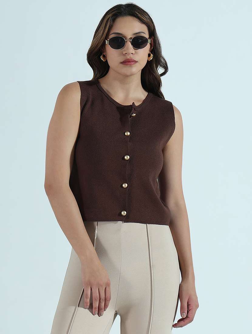 women brown solid sleveeless vest top - 21941902 -  Standard Image - 1
