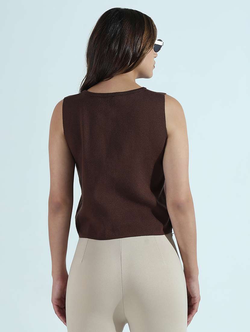 women brown solid sleveeless vest top - 21941902 -  Standard Image - 4