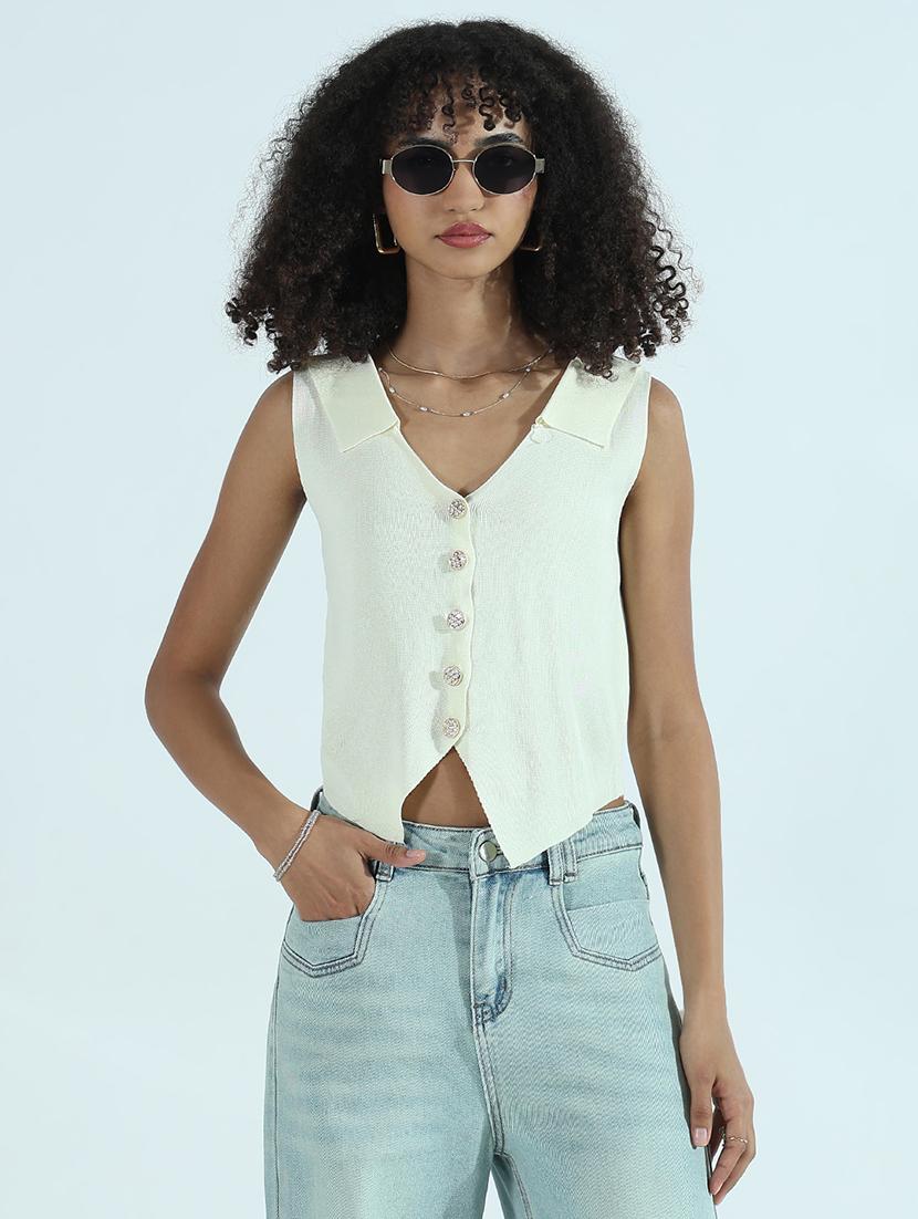 women white collared sleeveless vest top - 21941903 -  Standard Image - 1