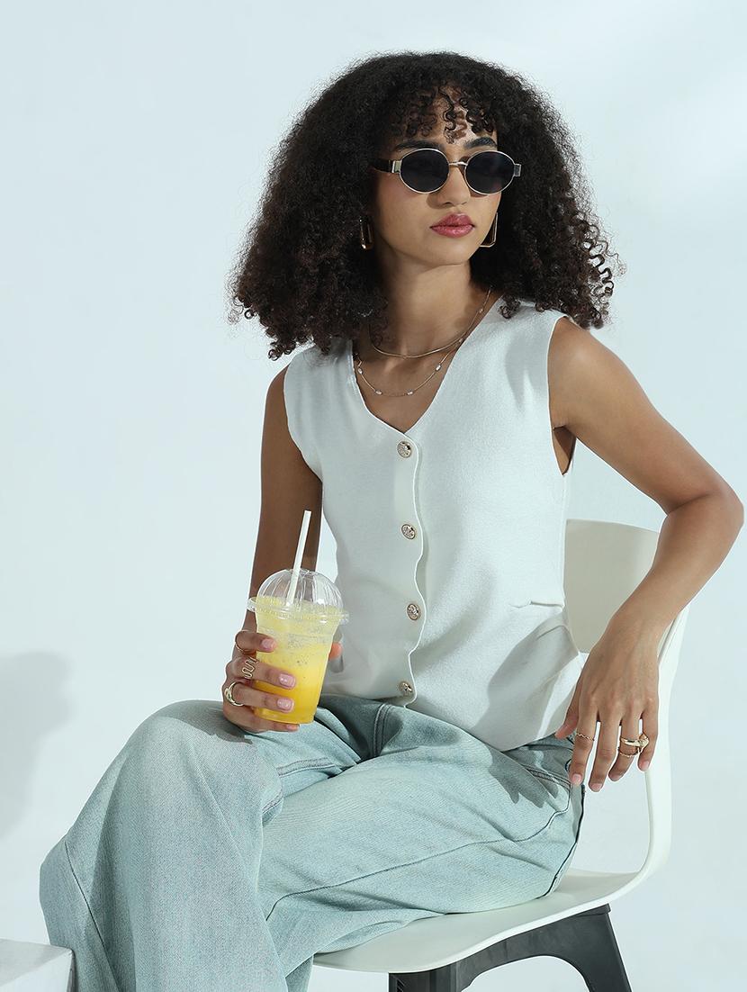 women white solid sleeveless vest top