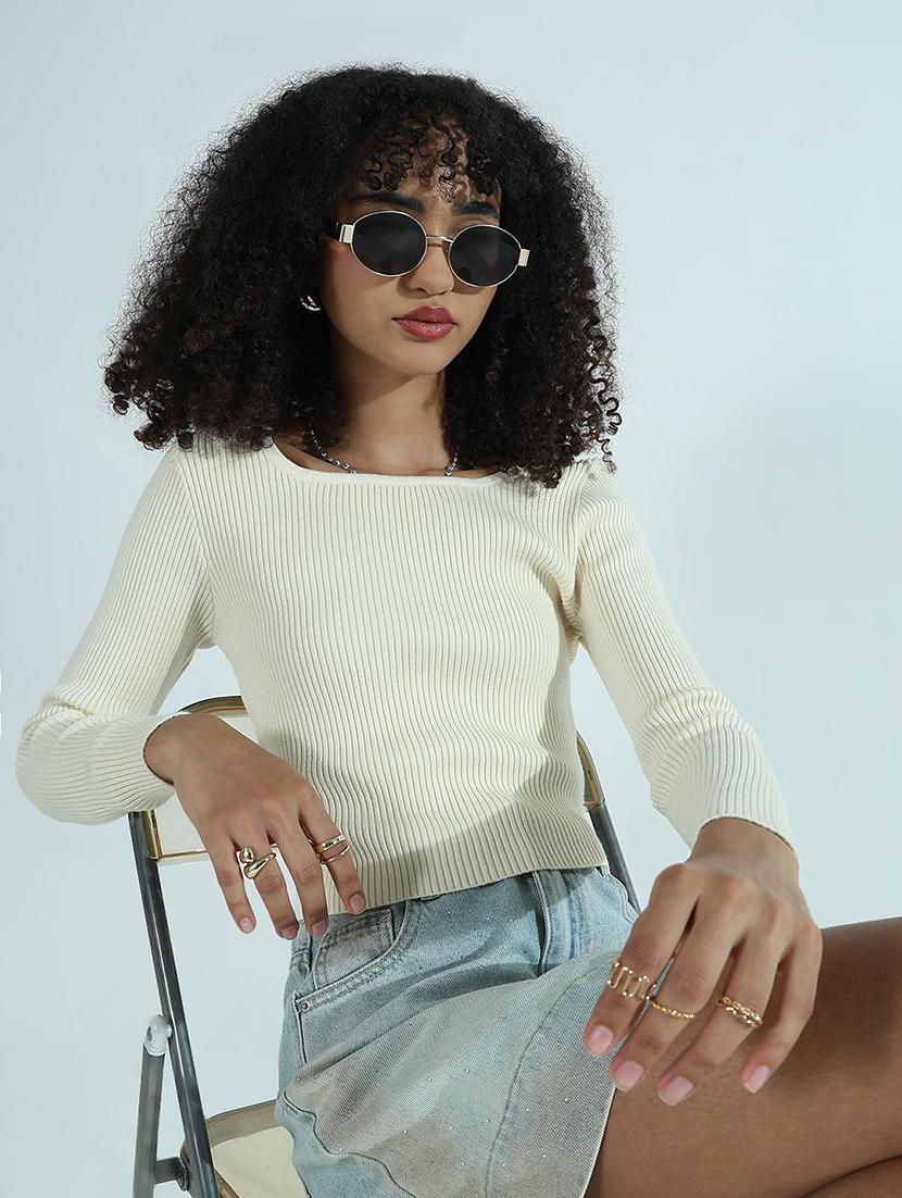 women solid long sleeve crop regular top
