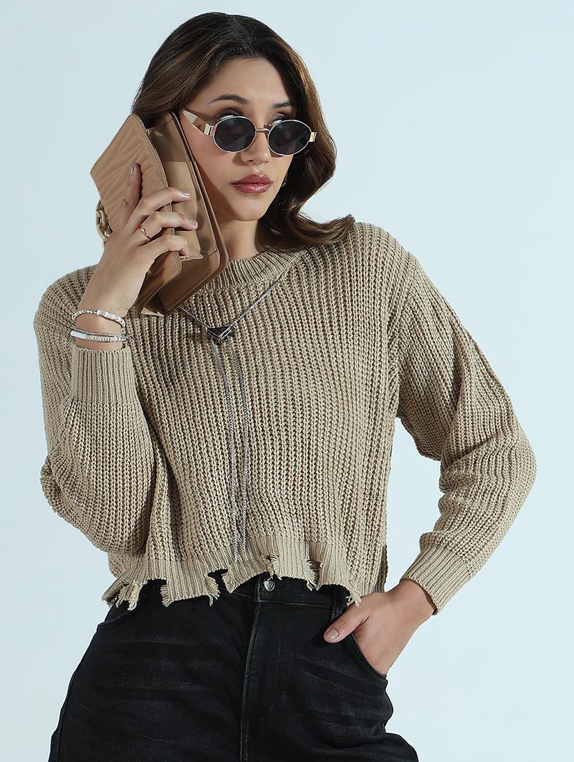 women solid long sleeve ripped crop pullover - 21941915 - Zoom Image - 0
