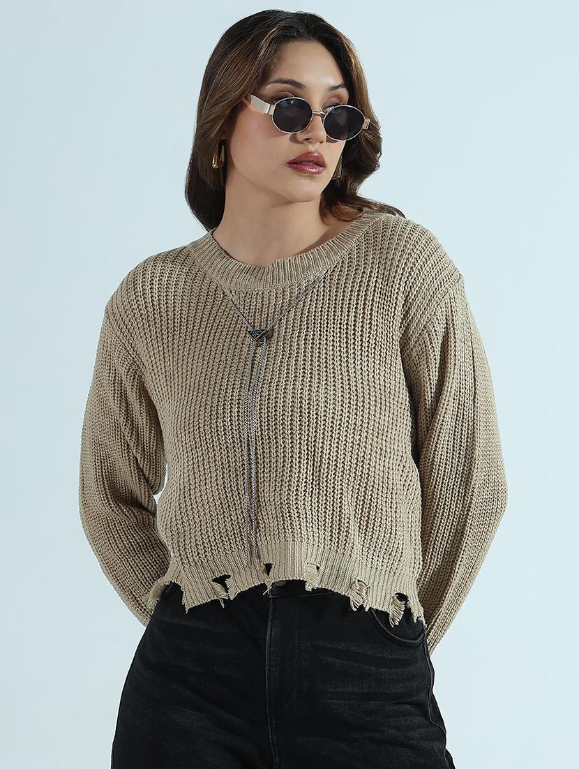 women solid long sleeve ripped crop pullover - 21941915 -  Standard Image - 1