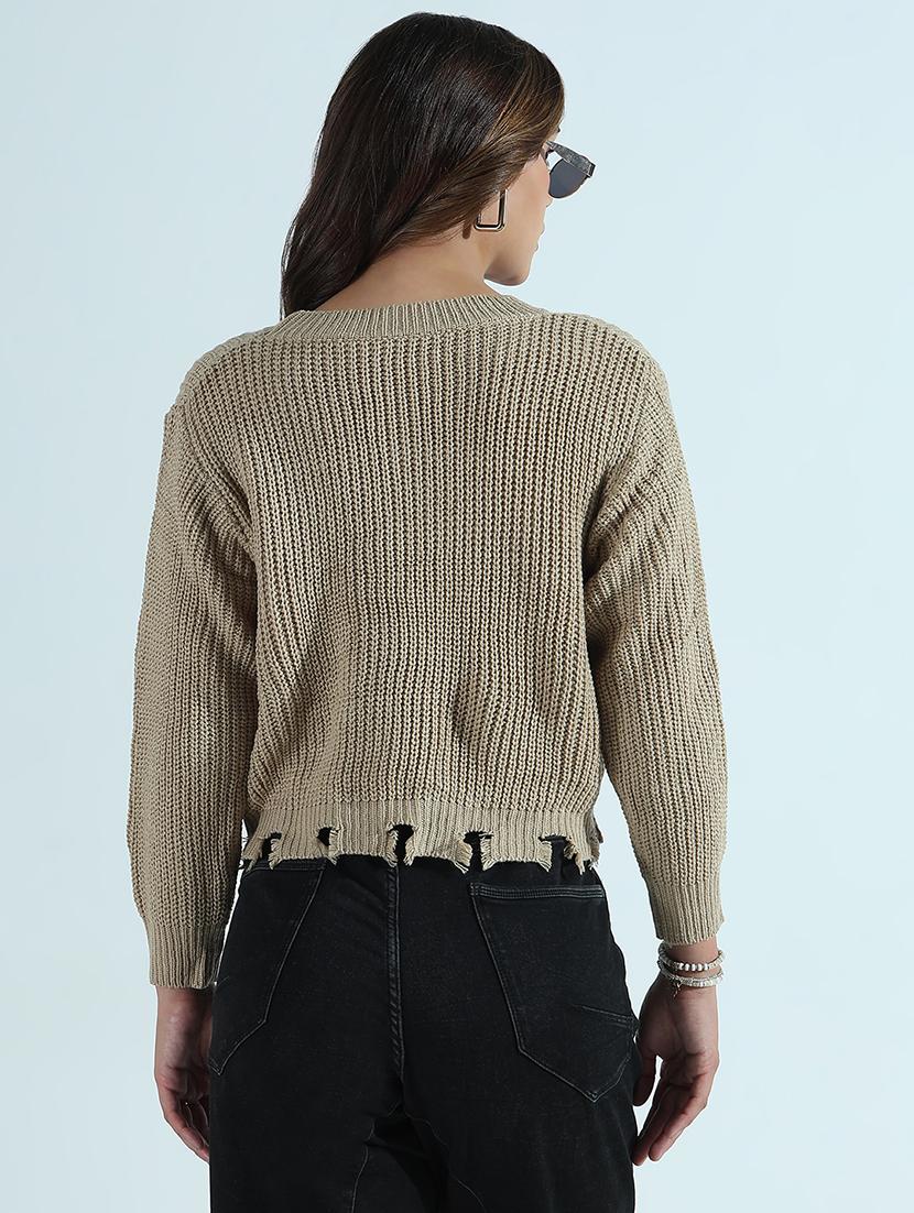 women solid long sleeve ripped crop pullover - 21941915 - Standard Image - 4