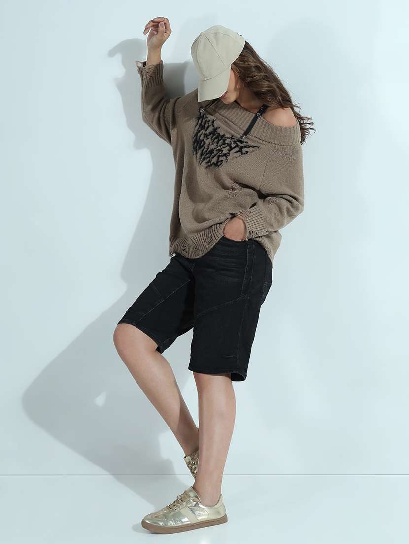 Wome Printed Off Shoulder Ripped Pullover