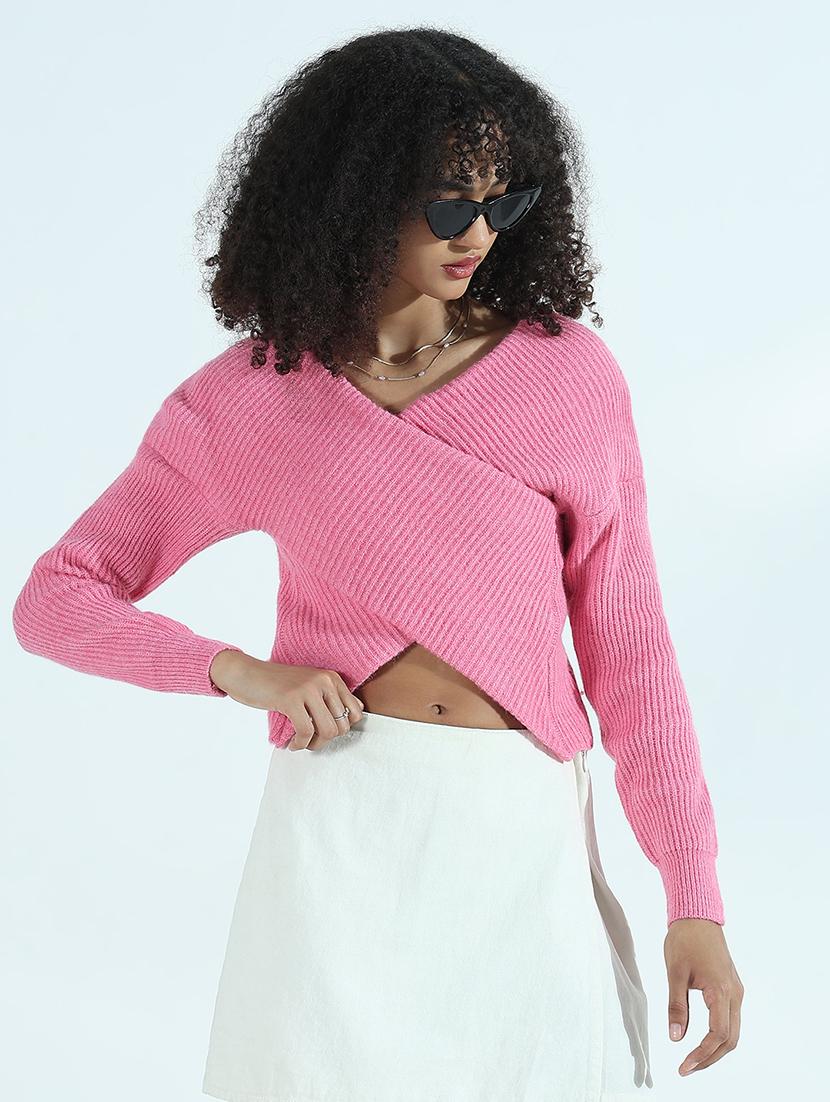 women pink solid long sleeve crop top - 21941917 - Standard Image - 1