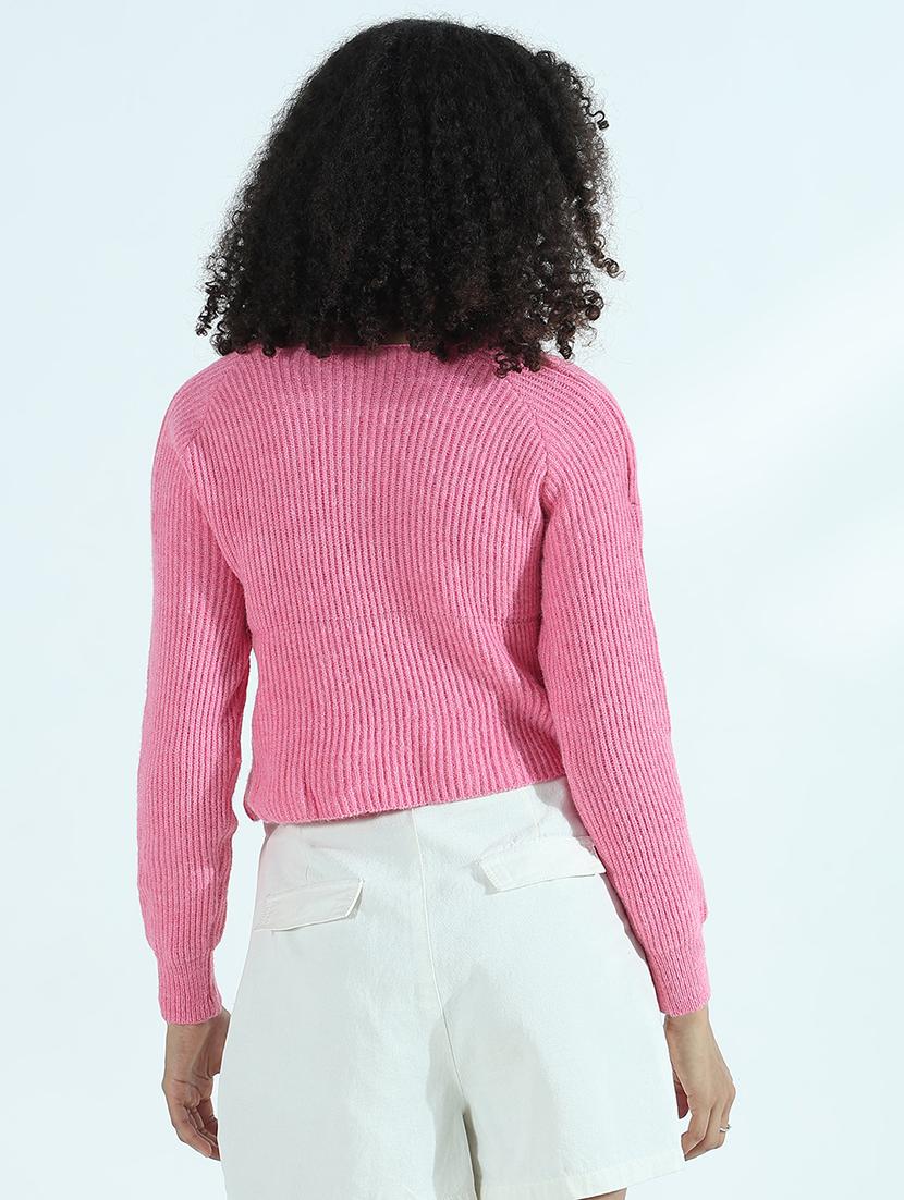 women pink solid long sleeve crop top - 21941917 - Standard Image - 4