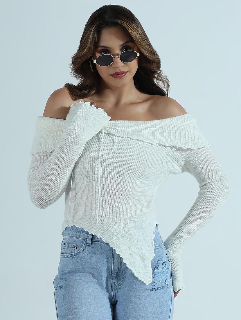 women solid off shoulder long sleeve top - 21941918 -  Standard Image - 1