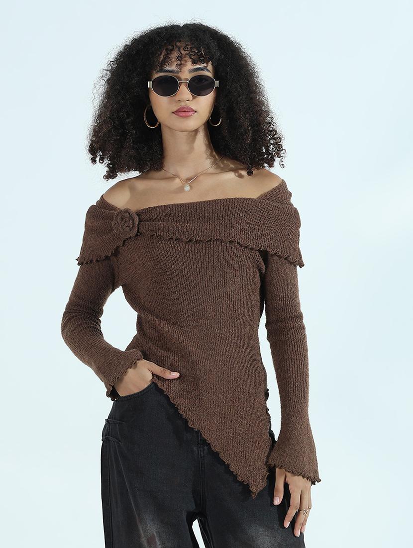 women solid off shoulder long sleeve top - 21941919 -  Standard Image - 1
