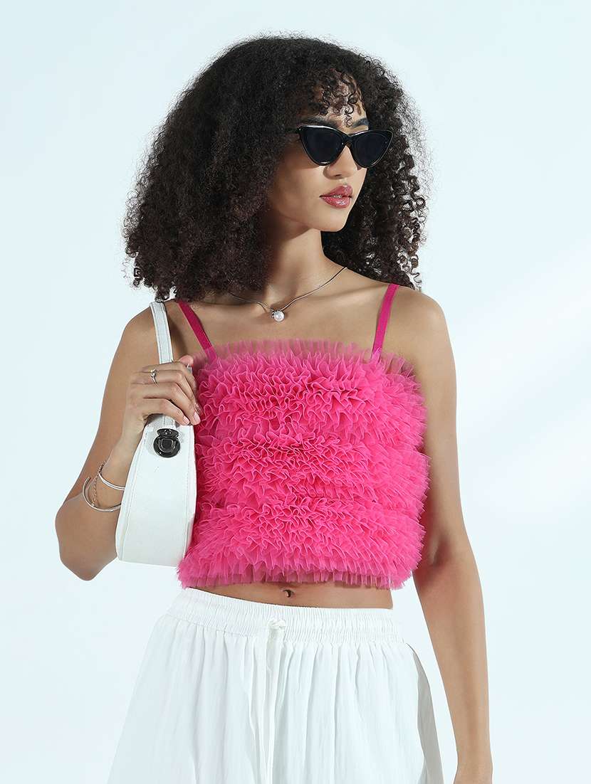 women solid shoulder strap crop top