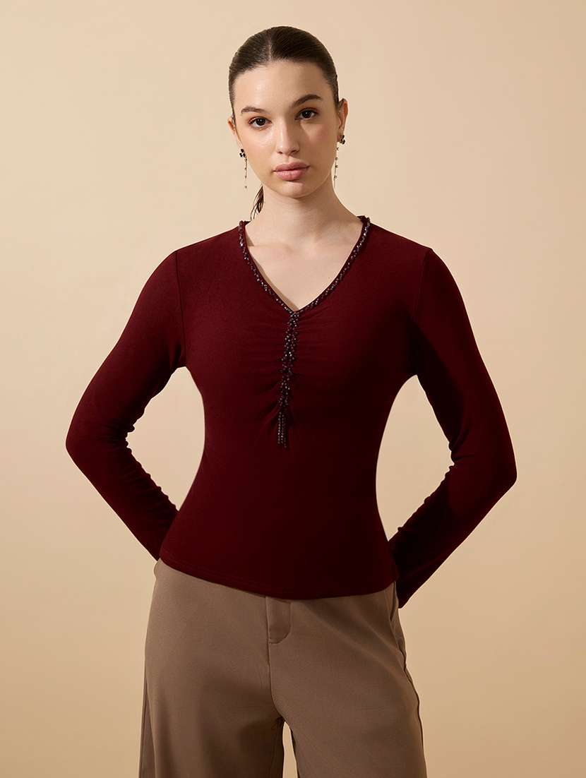 women maroon solid long sleeve regular top - 21941921 -  Standard Image - 1