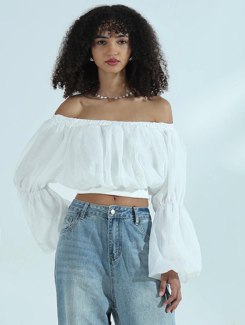 white off-shoulder bell sleeves party wear top - 21941923 - Standard Image - 1