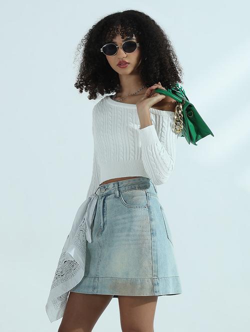 women solid long sleeve asymmetric neck crop top - 21941928 -  Standard Image - 0