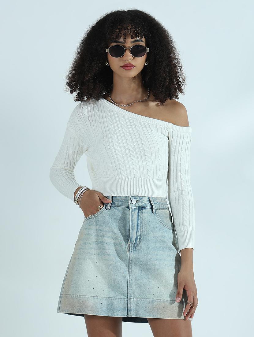 women solid long sleeve asymmetric neck crop top - 21941928 - Standard Image - 1