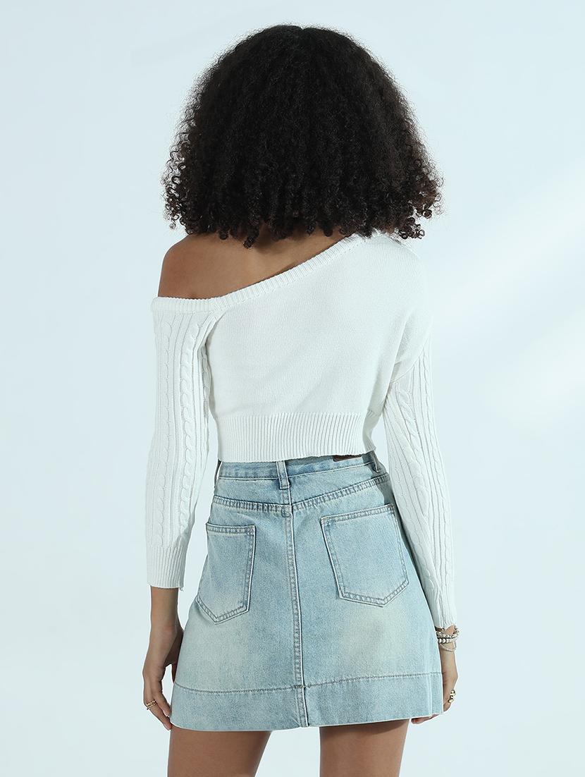 women solid long sleeve asymmetric neck crop top - 21941928 - Standard Image - 4