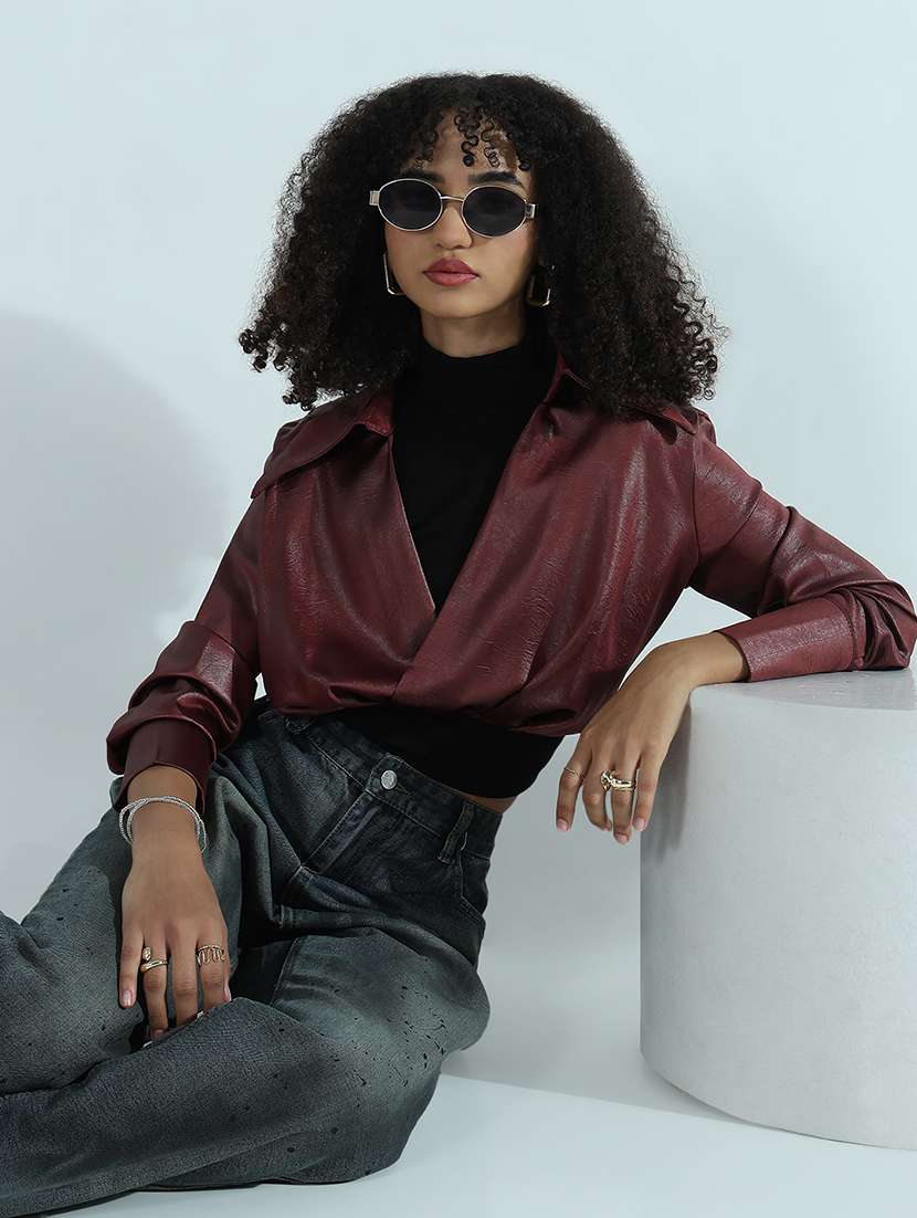 women maroon solid fux leather crop shirt top